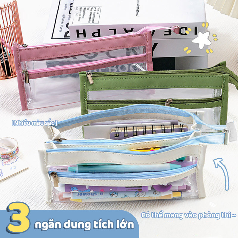 Túi đựng bút đa dụng trong suốt, bóp viết đơn giản nhiều ngăn tiện lợi, nhiều màu cho học sinh