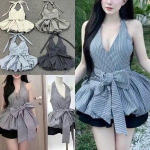 Áo Kiểu nữ bệt Vai dây Tự Cột Cổ yếm peplum