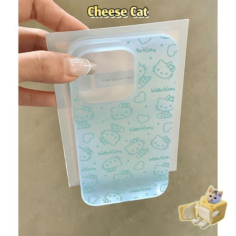 dòng mèo Kitty Ốp điện thoại màu xanh mờ cho iPhone 15 16 11 12 13 14 17 Pro Max 7 Plus XR Xs Max