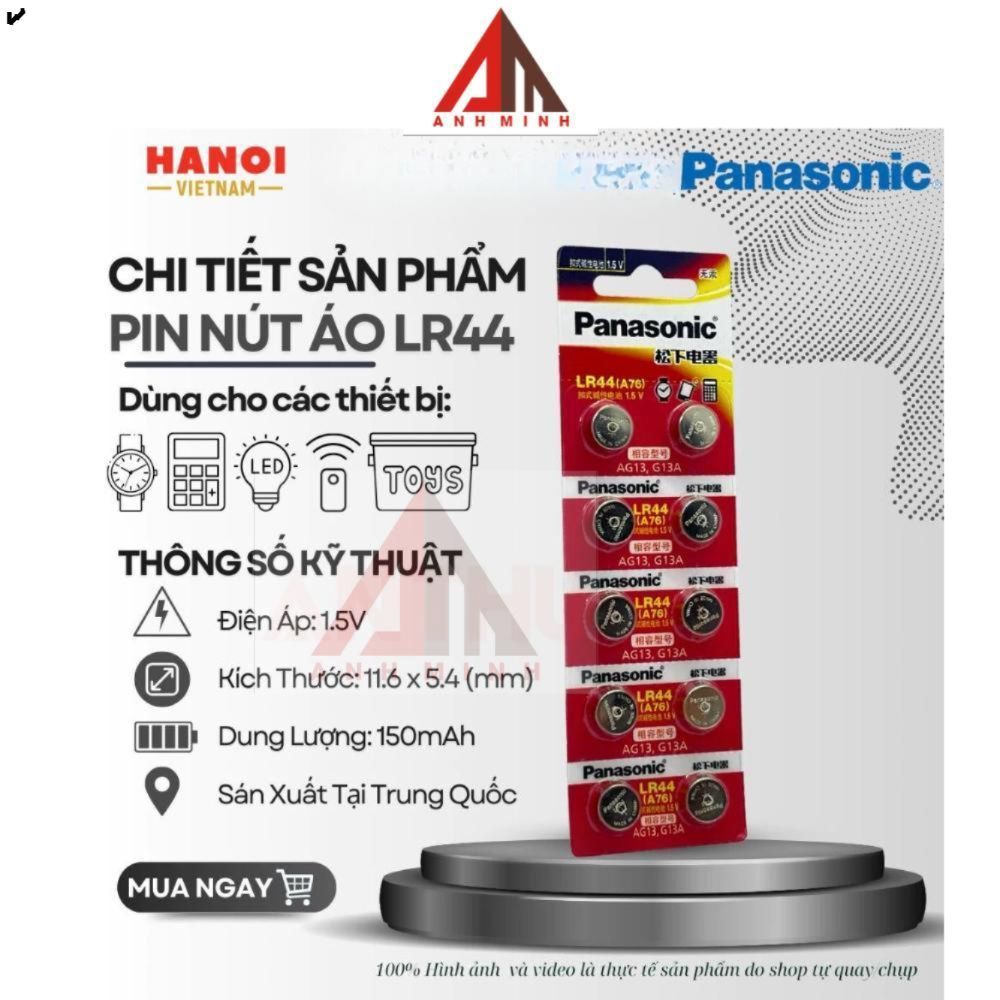 Pin LR44 / AG13 / A76 Panasonic 1.5V Alkaline G13A / SR44 / LR1154 Chính hãng vỉ 10 viên pin cúc áo.