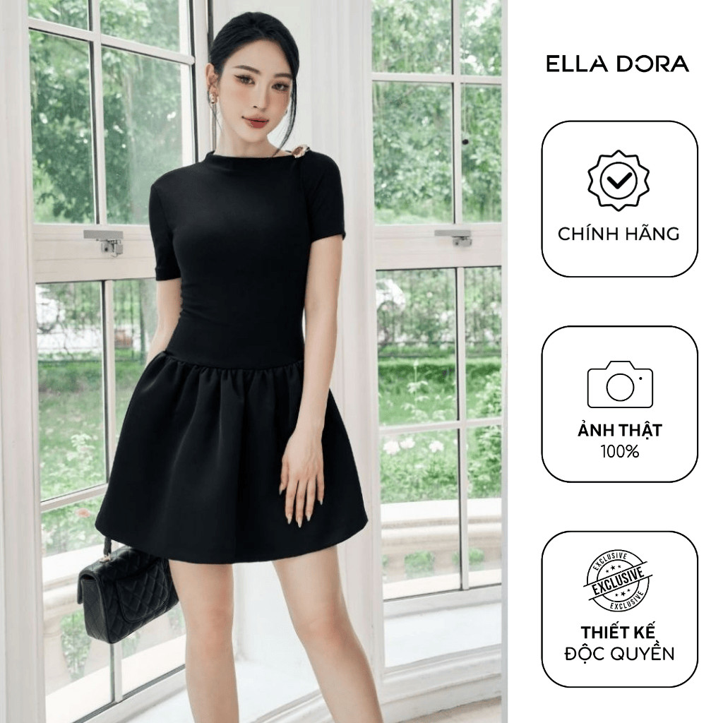 Đầm cổ lệch  ELLA DORA thiét kế đính tag đồng dáng sang trọng thanh lịch tinh tế  [D238]