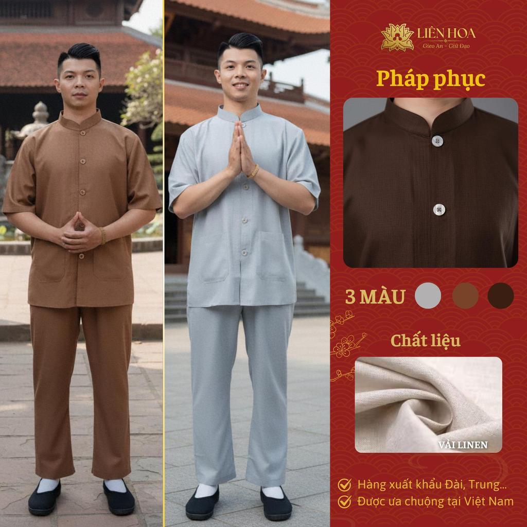Đồ Lam Nam Đi Chùa Liên Hoa |Pháp Phục Nam Linen Cổ Trụ Tay Ngắn Cúc Cài| Quần Áo Đi Chùa Thoáng Mát