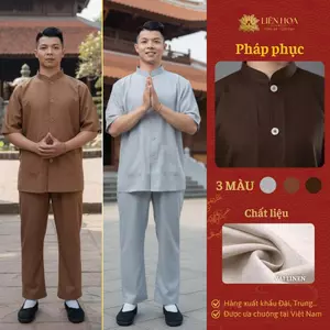 Đồ Lam Nam Đi Chùa Liên Hoa |Pháp Phục Nam Linen Cổ Trụ Tay Ngắn Cúc Cài| Quần Áo Đi Chùa Thoáng Mát