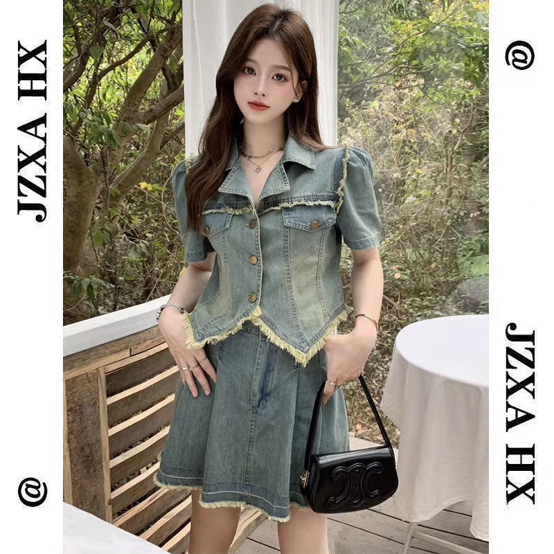 Bộ Váy Denim Cỡ Lớn Cho Nữ, Bộ Hai Chiếc Tôn Dáng Gầy, Váy Ngắn Phong Cách Thuần Khiết Mặc Kiểu Mỹ Ngọt Ngào Và Cay