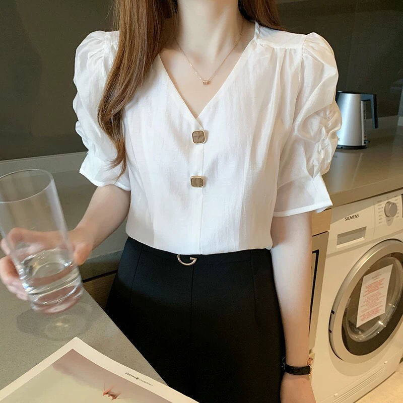 Áo sơ mi nữ màu tím mỏng, phong cách Hàn Quốc với tay phồng voan nhẹ nhàng cho mùa hè