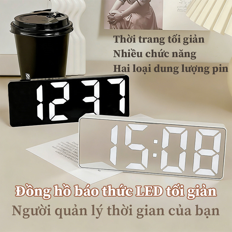Đồng Hồ Báo Thức Mặt Gương Đơn Giản - Đèn LED & Âm Thanh, Phong Cách Nhật Bản, Kèm Cáp, Để Bàn Trang Trí