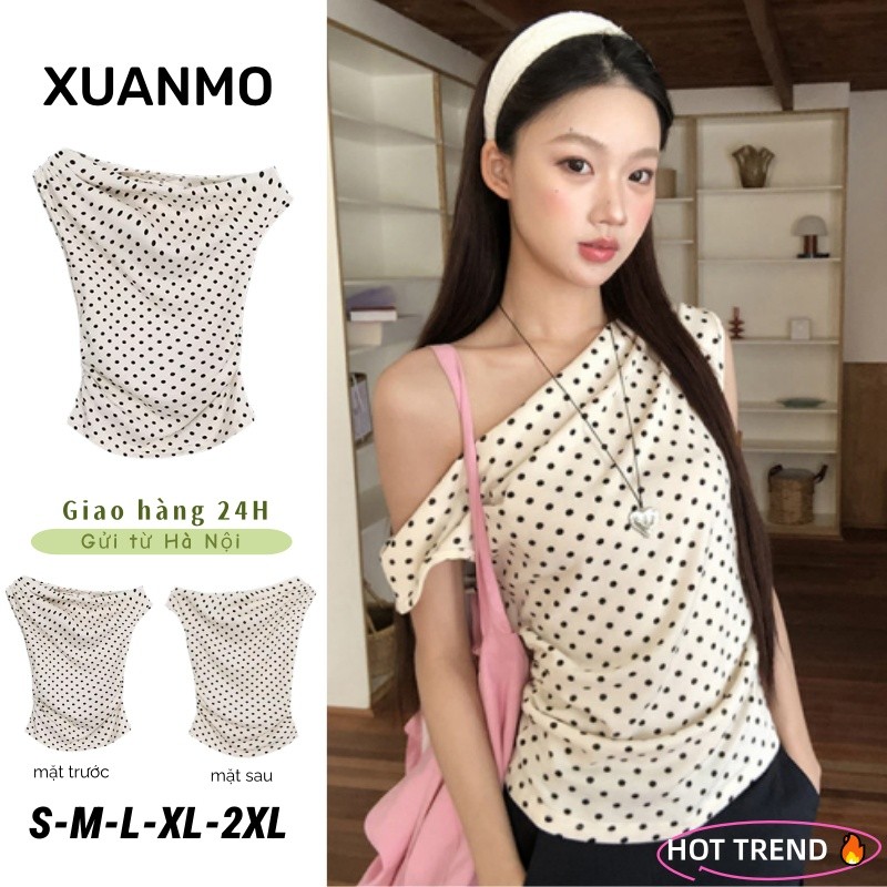 Áo kiểu nữ trễ vai chấm bi phong cách Hàn Quốc form rộng hot trend