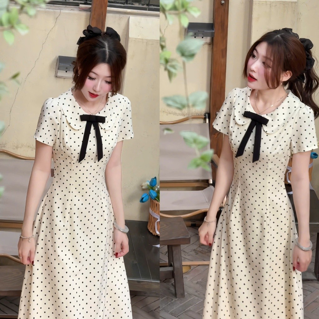 Váy chấm bi cổ sen đính nơ họa tiết chiết eo nhẹ nhàng dáng xòe dáng dài -TL.Online Shop VA004