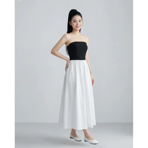 Váy Form Dài SHI Nữ Cúp Ngực Tùng Xòe Màu Tương Phản Trắng Đen