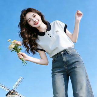 Áo sơ mi Polo nữ phong cách Preppy với đường khâu màu tương phản, phù hợp mùa hè