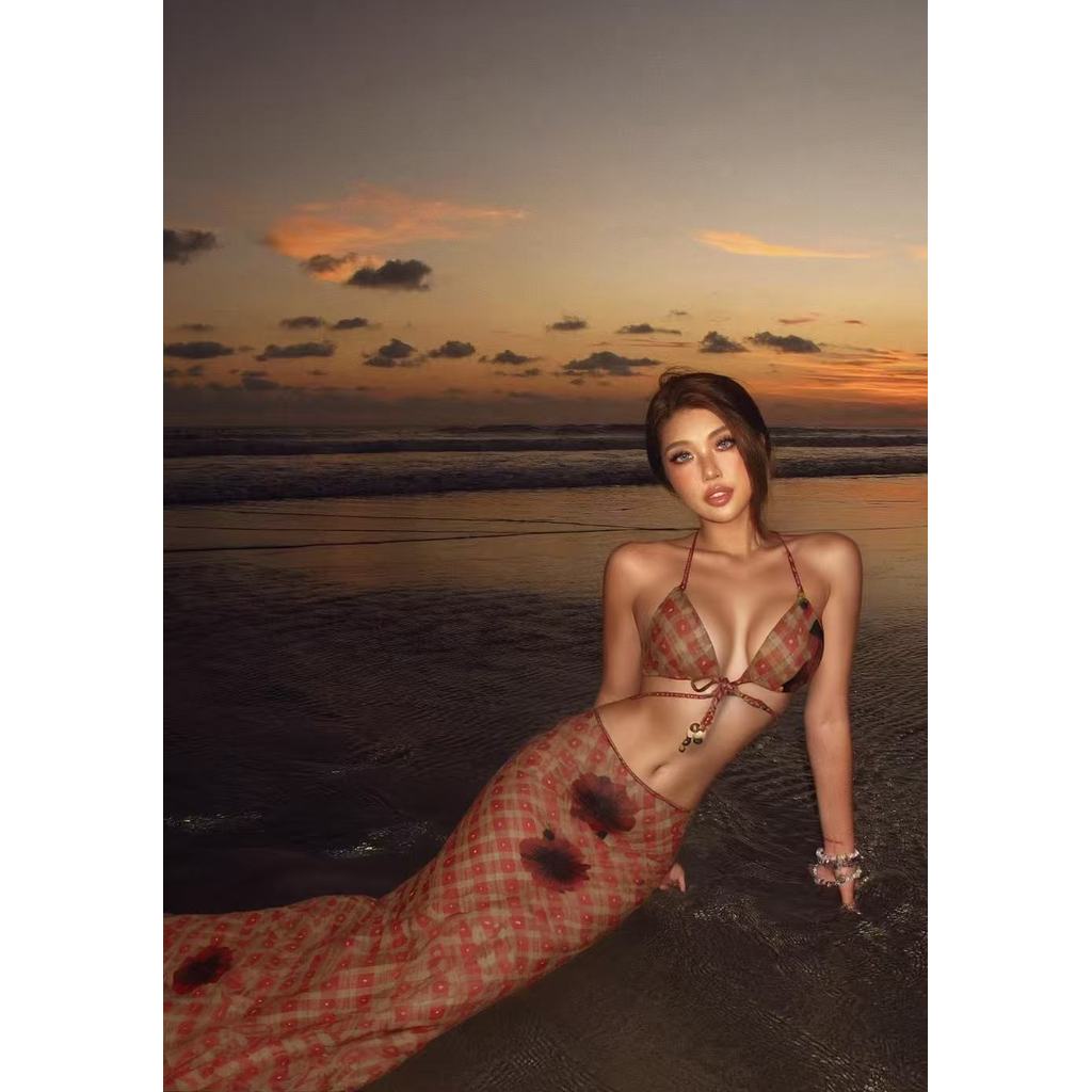 Đồ bơi bikini ba mảnh retro kẻ sọc cho nữ, phù hợp mùa xuân