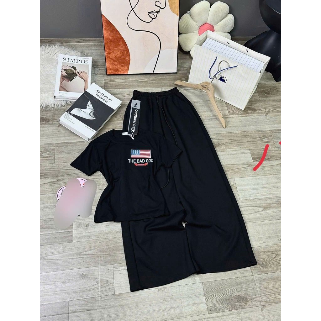 sét bộ đồ nữ da cá dáng dài + phối áo croptop tăm lạnh chữ -the bad god in ng ự c -cgang