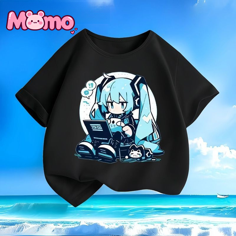 Áo thun trẻ em cổ tròn ngắn tay in hình hoạt hình Hatsune Miku dành cho bé trai và bé gái