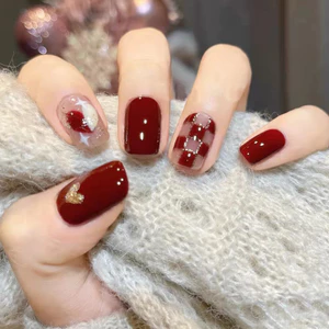 Có Thể Tháo Rời Ngắn Đeo Móng Tay Nghệ Thuật Thời Trang Màu Đỏ Checkerboard Họa Tiết Dán Móng Tay Cho Bé Gái