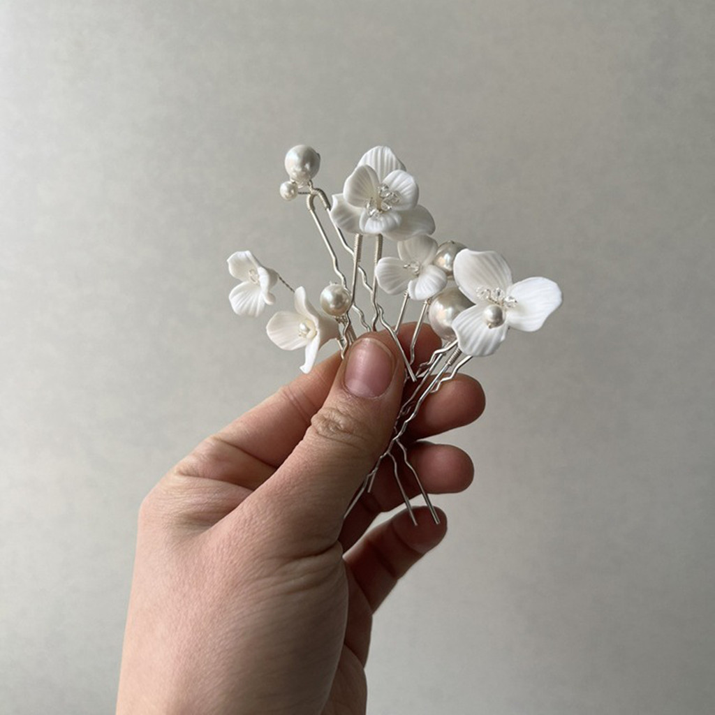 6 Chiếc Kẹp Tóc Handmade Hình Chữ U Ngọc Trai và Hoa Gốm - Phù Hợp Lễ Hội Tiệc Cưới