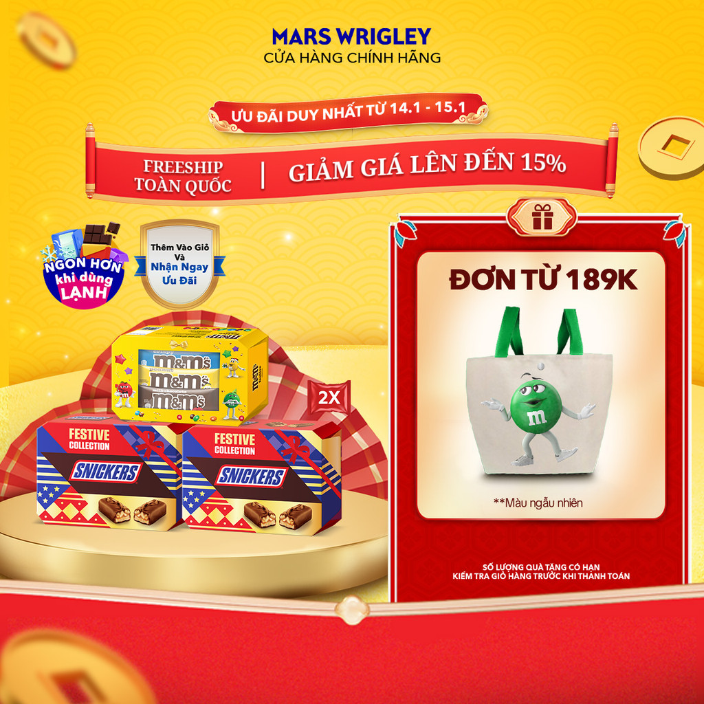 [HỘP QUÀ TẾT GIỚI HẠN] Set quà Tết gồm 2 túi Snickers Funsize 240g Tết + 1 hộp M&M’s mix sữa, đậu phộng, crispy