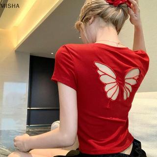Misa Mùa Hè Ngọt Ngào Và Cay Rỗng Baless Tay Ngắn Ôm Áo Crop Top Nữ
