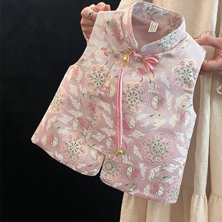 Bé Gái Phong Cách Trung Hoa Áo Vest Phong Cách Trung Hoa Mới Hanfu Phong Cách Mới Nhỏ Vừa Trẻ Em Bé Jacquard Đường Phù Hợp Với Sườn Xám Áo Vest Trẻ Em Áo Khoác