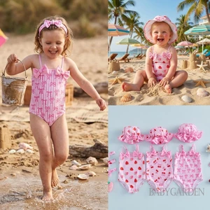 6M-5Y Trẻ Em Bé Gái Mùa Hè Cami Đồ Bơi Dâu / Nơ / Anh Đào In Bộ Đồ Tắm Băng Đô Mũ Bộ
