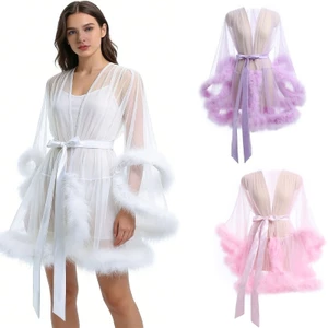 Treeling Nhìn Xuyên Qua Áo choàng Tắm Váy Ngủ Cho Nữ Sheer Lưới Lông Thú Giả Viền Dài Tay Đồ Lót Kimono Áo Liền Quần Với Satins
