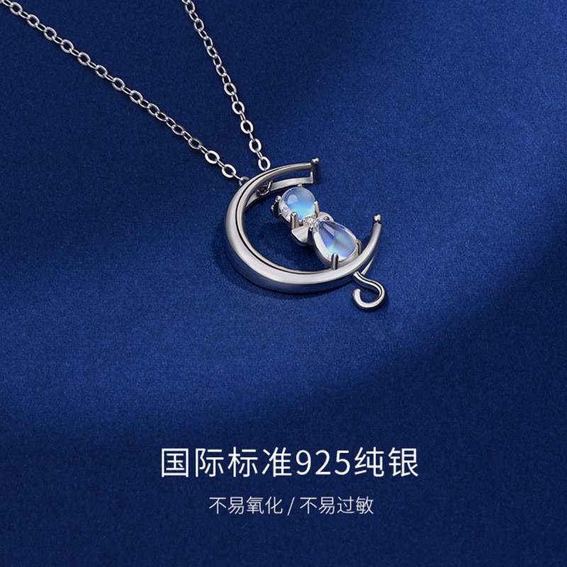 Mặt dây chuyền hình mèo moonstone, vòng cổ bạc sterling