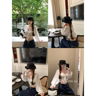 Áo sơ mi dài tay cổ chữ V thêu - Áo sơ mi phong cách có dây buộc