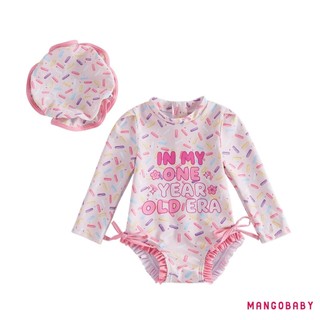MG-Baby Girls Rash Guard 1st Đồ bơi sinh nhật Rompers In chữ dài tay cổ tròn Bộ đồ tắm cho trẻ sơ sinh có mũ bơi