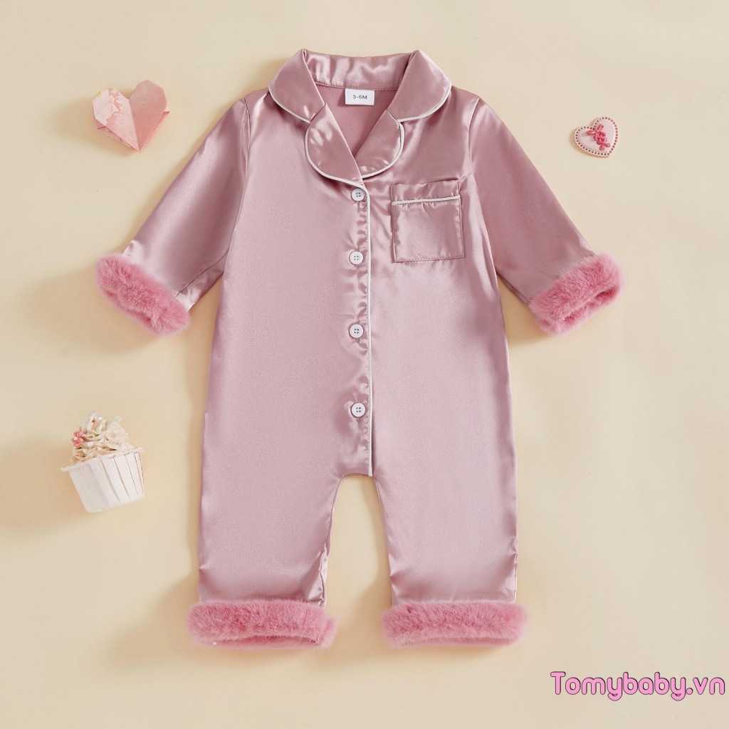 Bé Gái Tương Phản Viền Lông Viền Nút Xuống Ve Áo Cổ Chữ V Tay Dài Một Mảnh Satin Bộ Đồ Ngủ