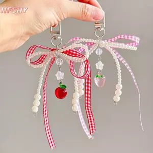 HFSHY Ngọt Kẻ Sọc Ruy Băng Móc Khóa Dâu Quyến Rũ Móc Khóa Nơ Ngọc Trai Mặt Dây Chuyền Điện Thoại Trang Sức Cho Bé Gái Nữ Tặng Túi Trang Trí VN