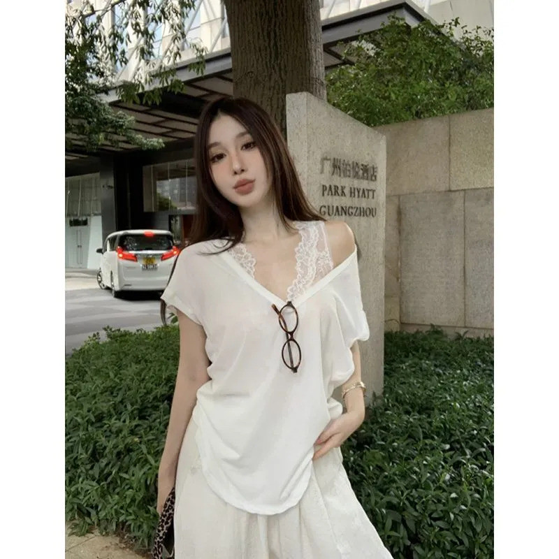Milyfashion Gợi Cảm Nguyên Chất Desire Phong Cách Trắng Cổ Chữ v Ren Áo Vest Nữ Mùa Hè Không Tay Nhìn Xuyên Qua Top Lớp