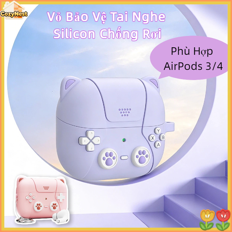 Vỏ Bảo Vệ Tai Nghe Silicon Chống Rơi - Dễ Thương Hình Mèo - Phù Hợp AirPods 3/4, Bảo Vệ Toàn Diện