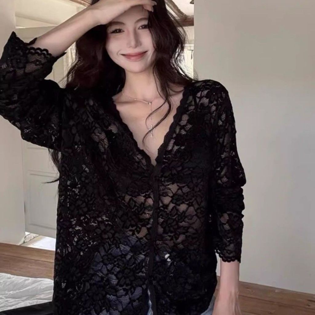 Milyfashion Loose Size Lớn Cổ Chữ V Ren Dài Tay Áo Sơ Mi Ngọt Cay Rỗng Top Gợi Cảm Nguyên Chất Desire Đen