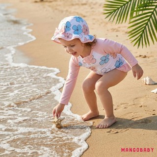 MG-Toddler Bộ Đồ Bơi Bé Gái Hoa Nửa Khóa Kéo Dài Tay Rash Guard Bộ Đồ Tắm Và Mũ Chống Nắng Đồ Bơi Đáng Yêu
