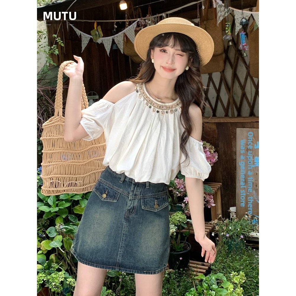 MUTU | Áo sơ mi tay ngắn nữ phong cách Pháp mới với sequin bong bóng và thiết kế cổ treo
