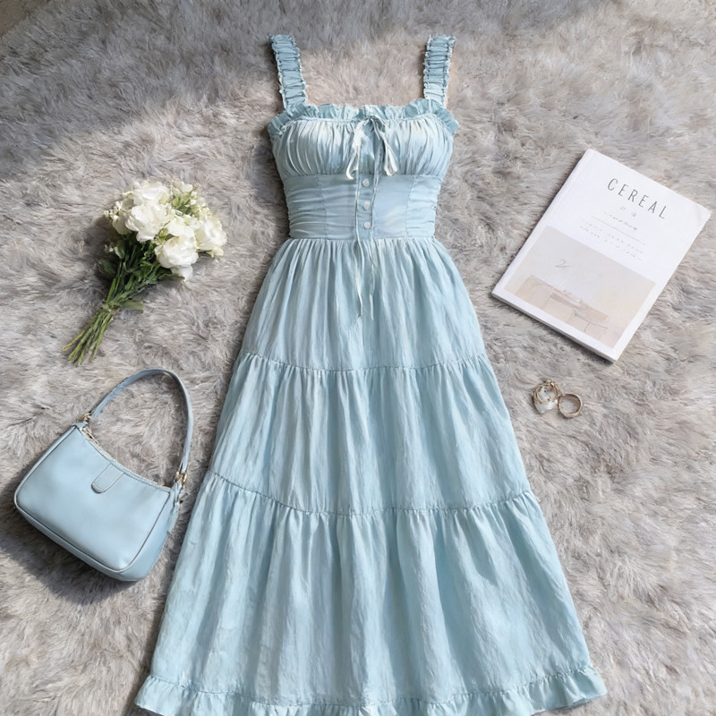 Bạc Hà Sữa Xanh Sling Dress Mùa Hè, Phong Cách Pháp Nhẹ Nhàng với eo nẹp và dáng chữ A dài