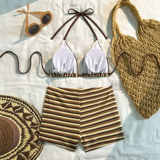 Đồ bơi nữ hai mảnh sọc nâu vàng, bikini dây quần ngắn