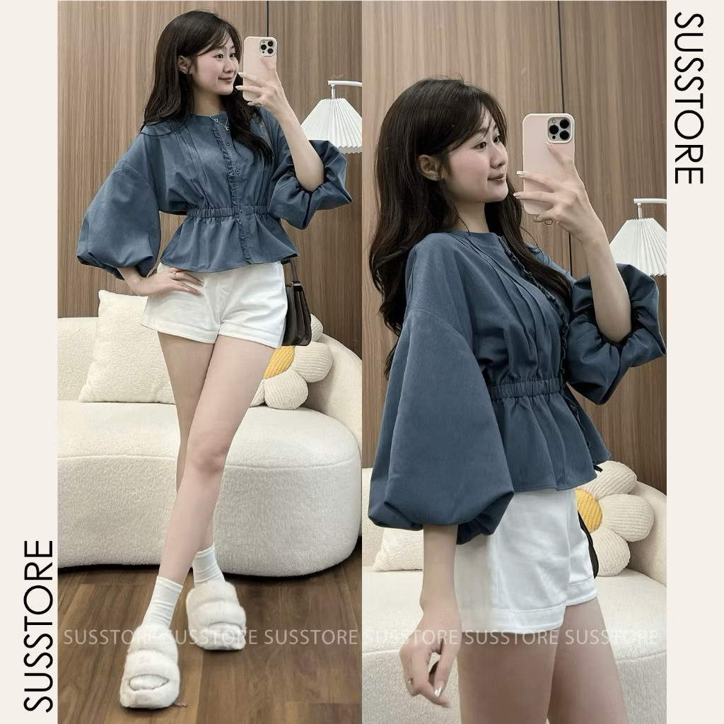 Áo Sơ Mi Xếp Li Trước Cúc Dọc Viền Bèo Chun Eo Tay Bồng A7216