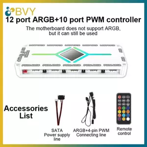 BVY 12 cổng ARGB & 10 cổng Bộ điều khiển PWM Quạt điều khiển nhiệt độ Hub tản nhiệt Bộ sưu tập bộ điều khiển 3 chân 5V Khung trò chơi.