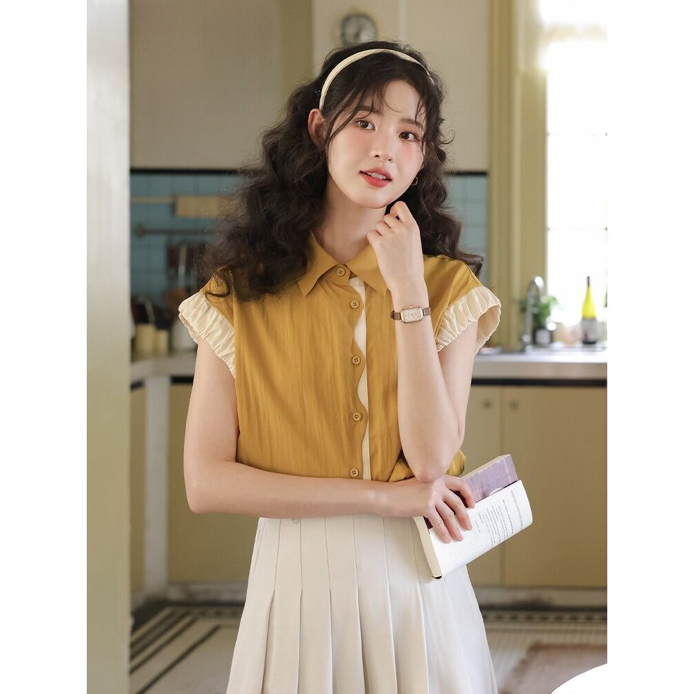 Mutu Pháp Retro Phong Cách Hồng Kông Màu Sắc Tương Phản Áo Sơ Mi Tay Ngắn Nữ Mùa Hè 2026 Phong Cách Mới Thiết Kế Niche Loose Top