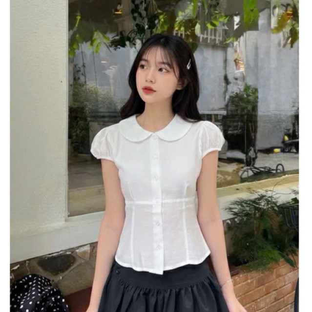 Áo sơ mi công chúa cổ bèo sen tay ngắn búp bê có dây cột eo sau tăng chỉnh SS0363