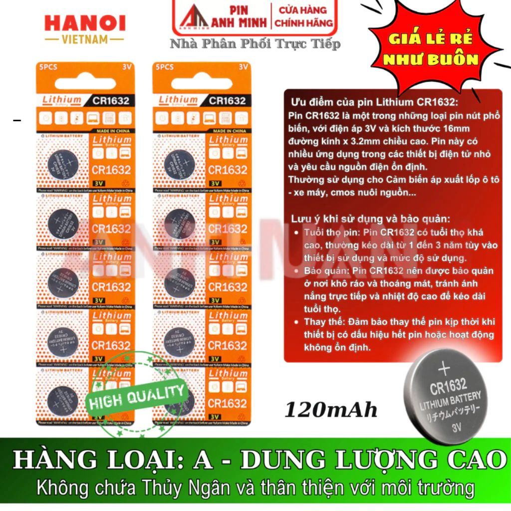Vỉ 5 Pin Cúc áo CR1632 CR2032 3V pin chất lượng giá rẻ cho Cảm biến Áp xuất lốp Smartkey thiết bị y tế