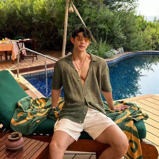 Áo sơ mi nam phong cách đường phố, chất liệu Jacquard, thiết kế cổ điển kiểu Cuba