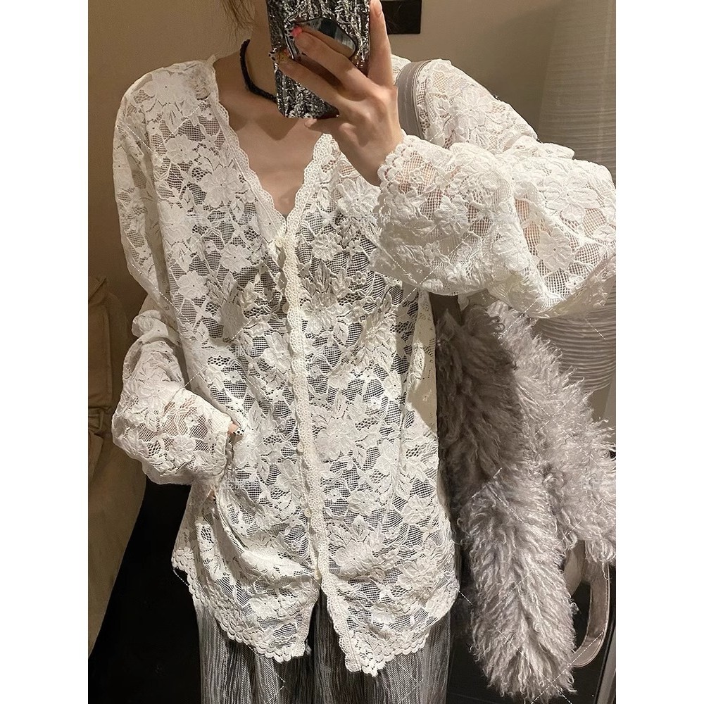 Milyfashion Loose Size Lớn Cổ Chữ V Ren Dài Tay Áo Sơ Mi Ngọt Cay Rỗng Top Gợi Cảm Nguyên Chất Desire Đen