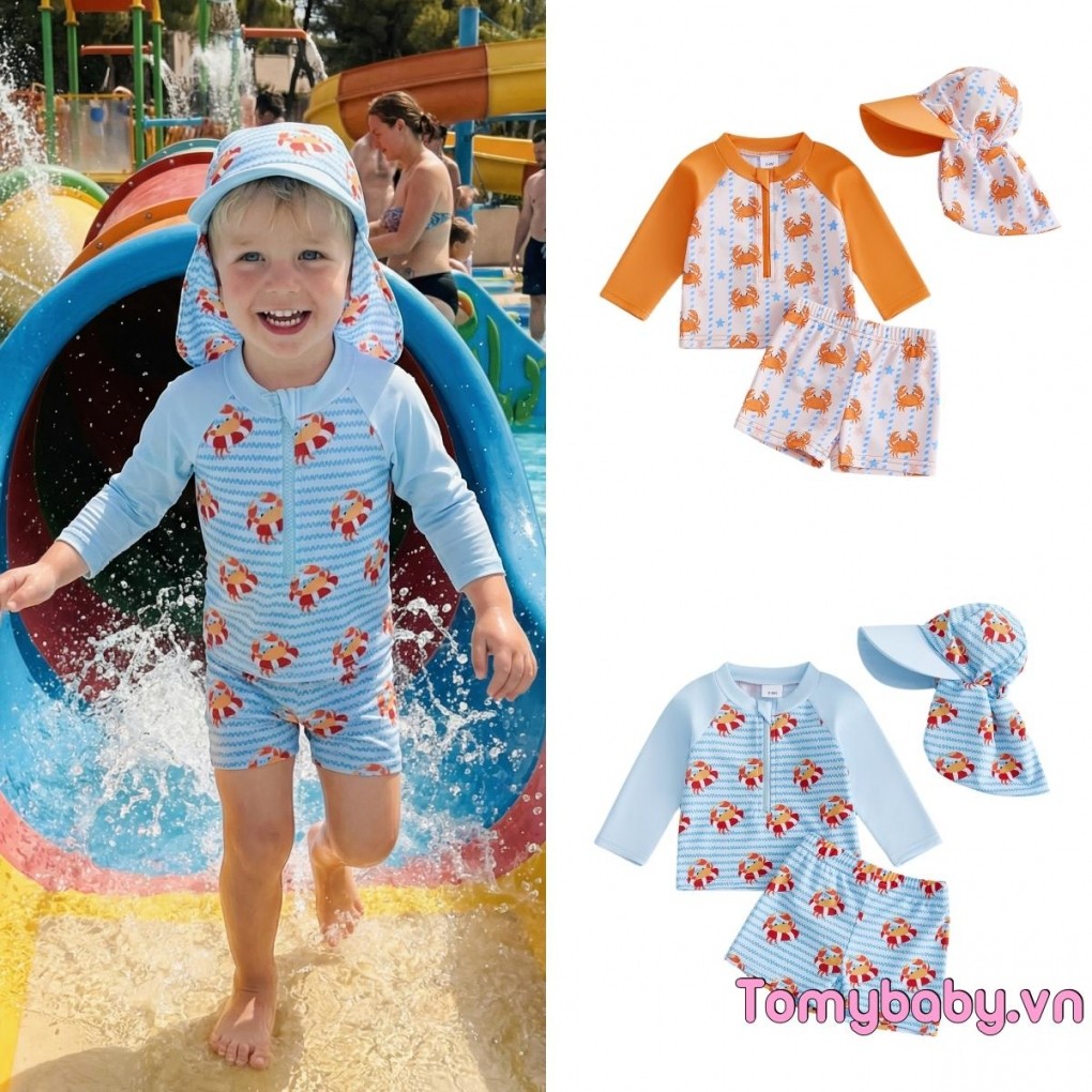 Áo dài tay in hình cua cho bé trai + Quần bơi + Mũ chống nắng Bộ đồ tắm khô nhanh 3 mảnh