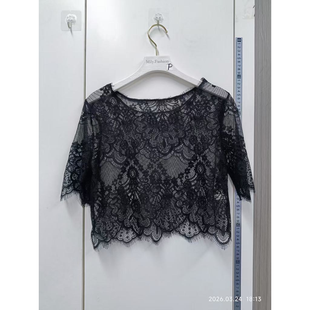Milyfashion Ren Đen Cutout Tay Ngắn T Gạc Ngắn Top Wavy Edge Mùa Hè