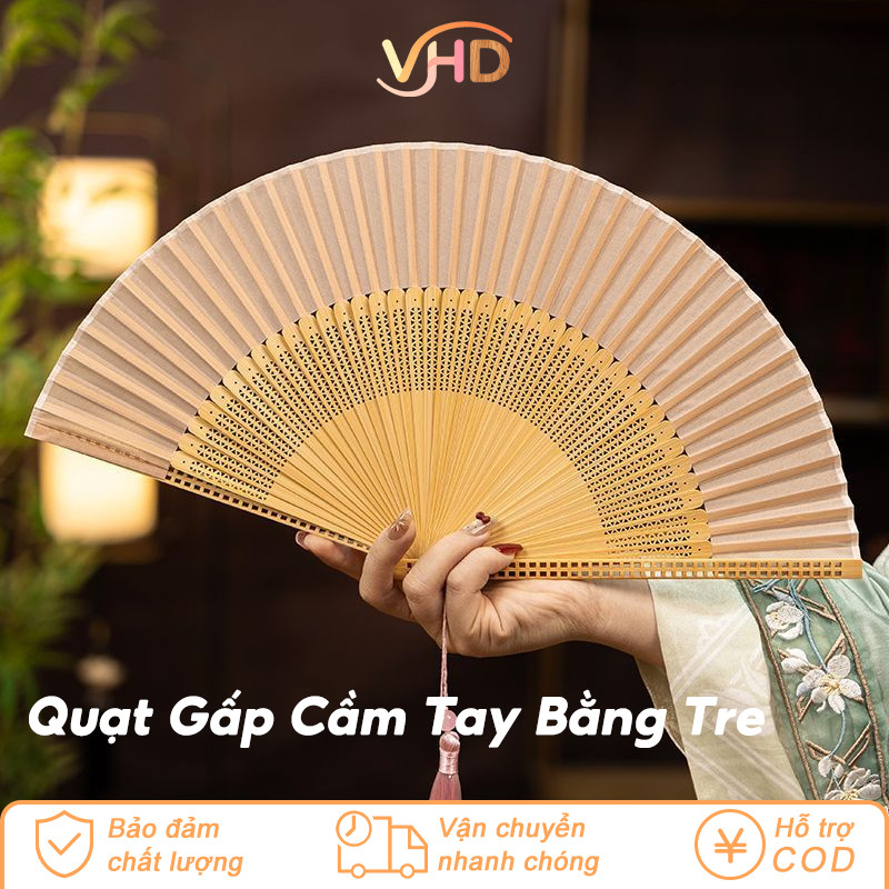 Quạt Gấp Cầm Tay Bằng Tre Cao Cấp - Thiết Kế Sang Trọng, Quạt Múa Cổ Trang, Phiên Bản Cao Cấp Kèm Tua Rua