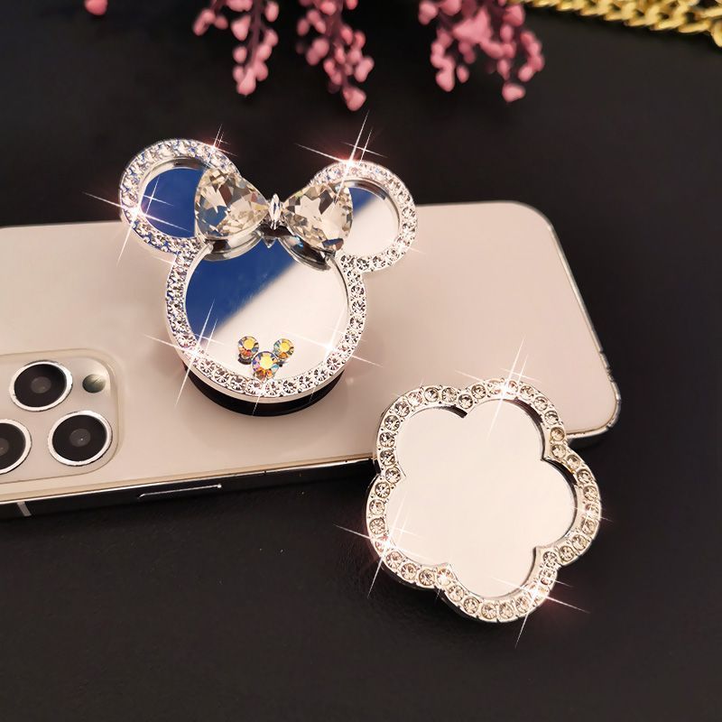 Gương trang điểm đính kim cương có thể xoay được Giá đỡ điện thoại Túi khí lười biếng có thể thu vào có thể gập lại Gương tình yêu sáng tạo