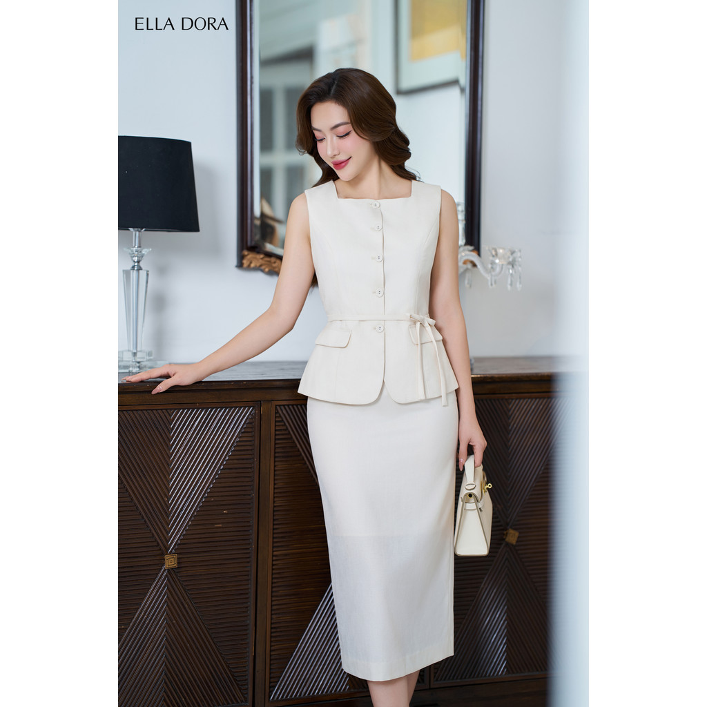 Set công sở nữ ELLA DORA áo cổ vuông phối nơ eo mix chân váy chữ A tôn dáng thanh lịch [AK15 +CV151]