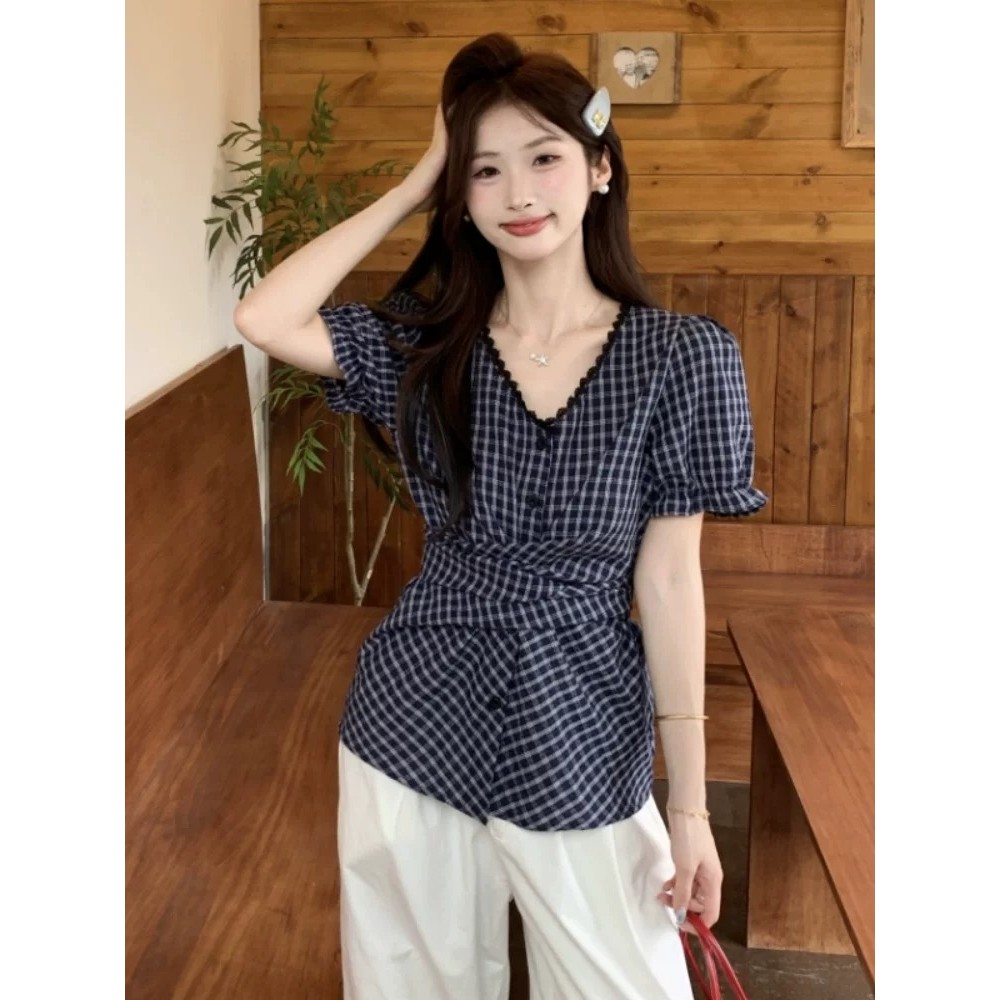 áo kiểu nữ Pháp Retro Kẻ Sọc Mùa Hè Dây Hẹp Thiết Kế Ren Cổ Chữ V