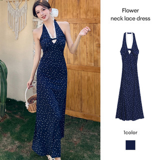 Đầm dài dáng suông cổ bèo họa tiết hoa màu xanh dương, phối ren, dành cho nữ, kiểu dáng thanh lịch, ôm hông.